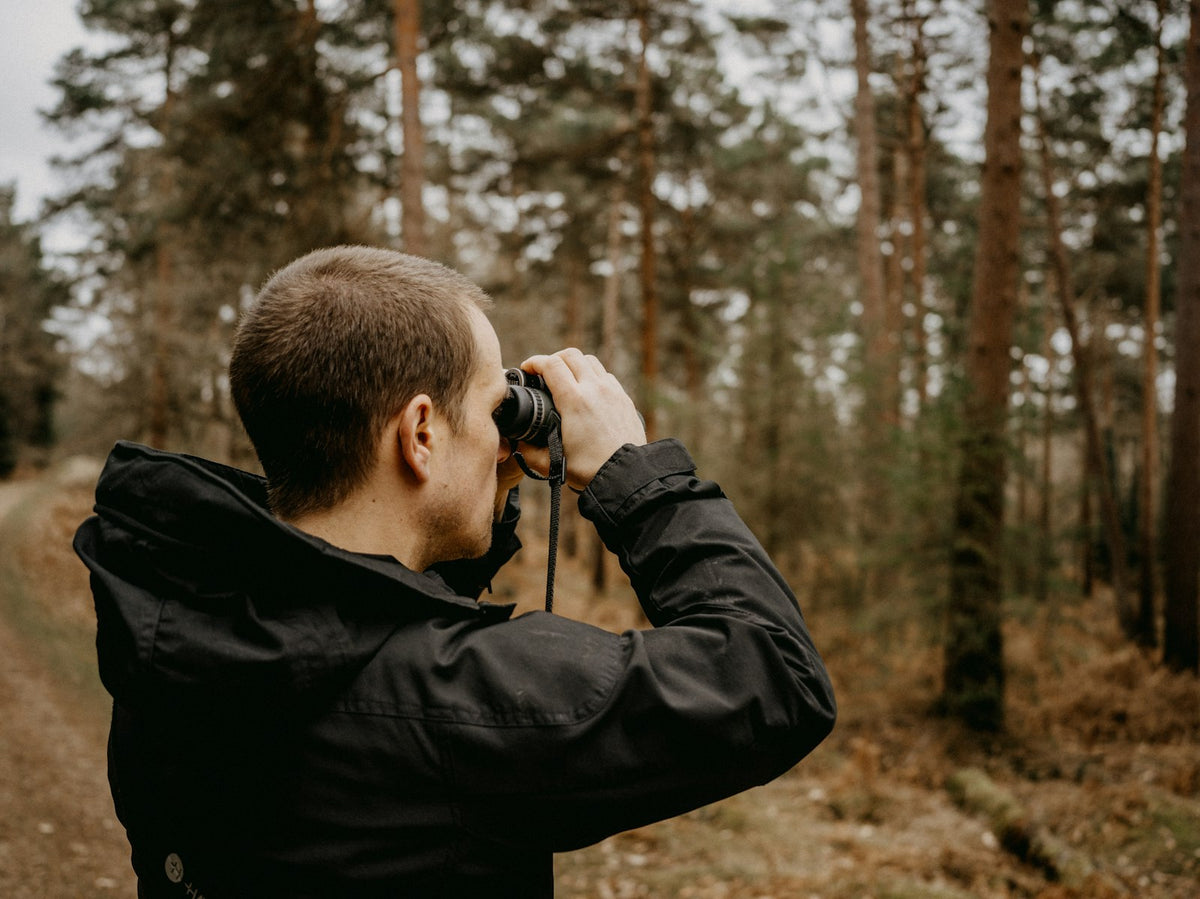 Birder looking through binoculars in the woods